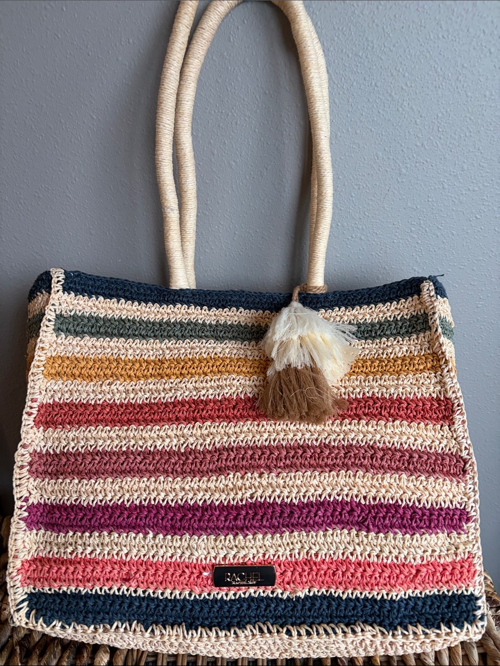 RACHEL Rachel Roy Multicolor Striped Crochet Tote with Cream Handles